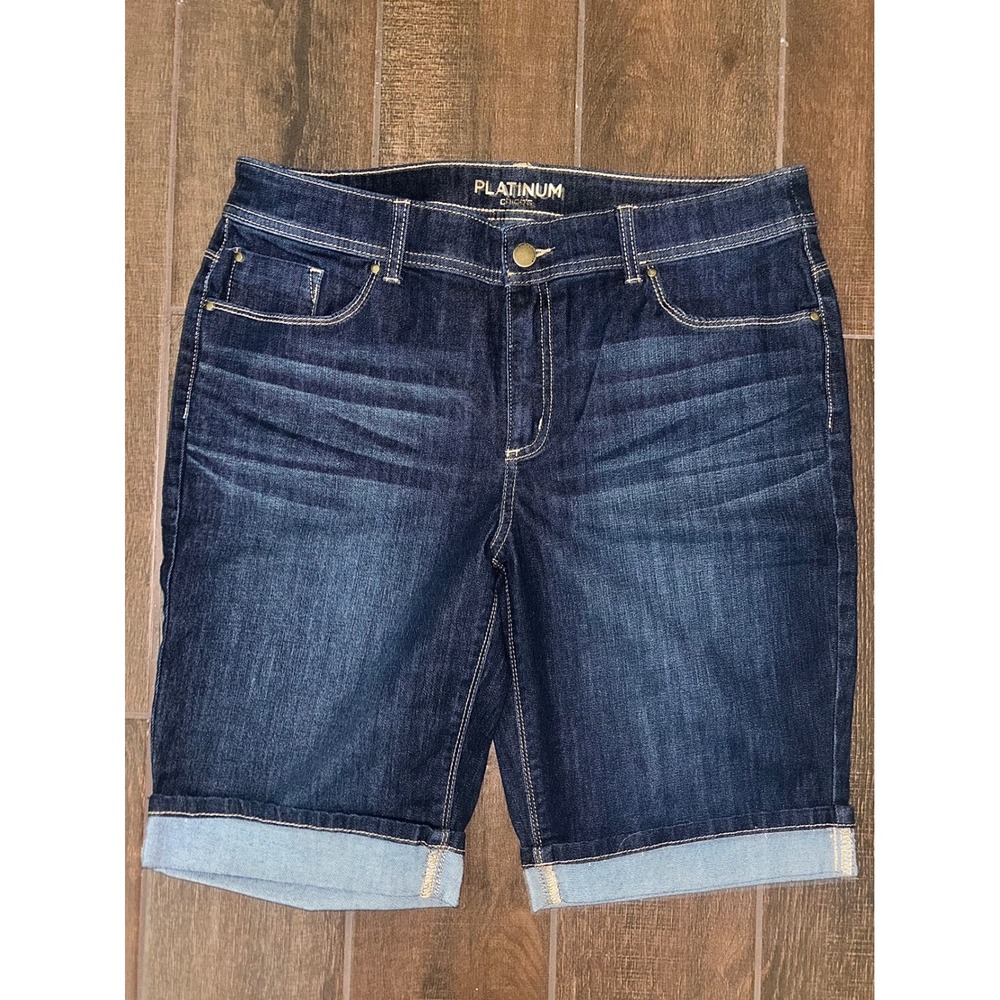Chico's Platinum Denim Shorts 1.5 Blue Cuffed Dark Wash Bermuda Stretch